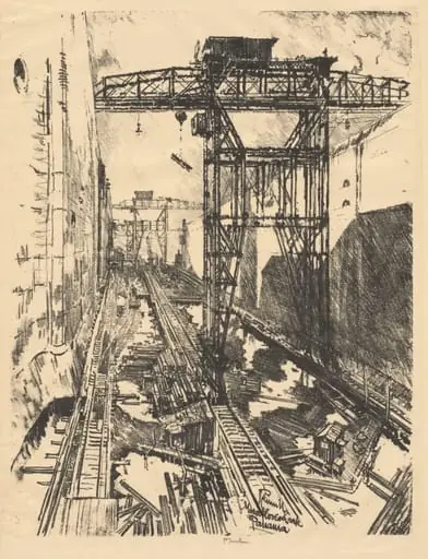 Cranes at Miraflores Lock, Panama, by Joseph Pennell