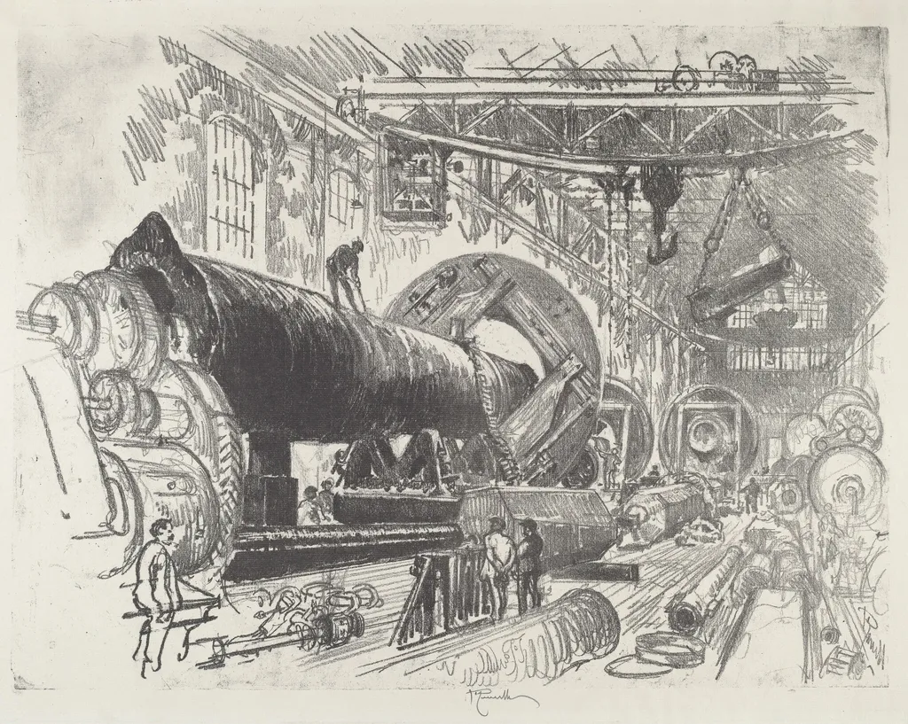 Cutting and Turning a Big Gun, by Joseph Pennell, ink, 1916