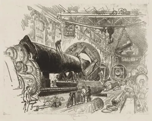 English War Work: Cutting and Turning a Big Gun, by Joseph Pennell