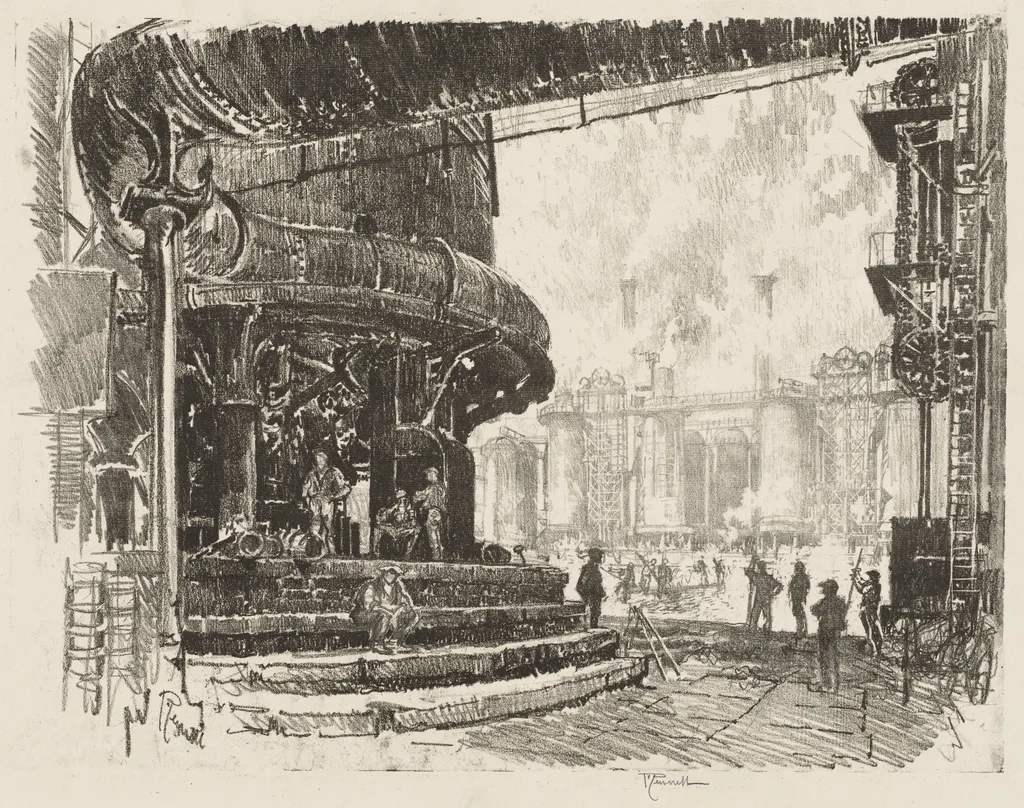 English War Work: Making Pig Iron, The Base of the Blast Furnaces, by Joseph Pennell, 1916