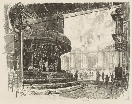 English War Work: Making Pig Iron, The Base of the Blast Furnaces, by Joseph Pennell