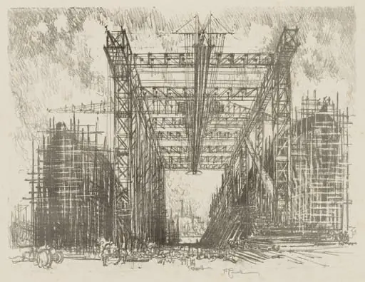English War Work: The Gantry (A Merchant Shipyard), by Joseph Pennell
