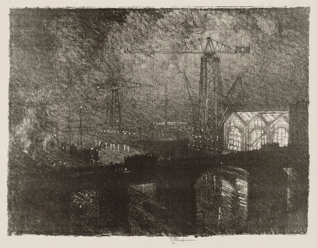 English War Work: The Shops at Night, Changing Shifts, by Joseph Pennell, 1916