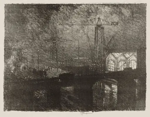 English War Work: The Shops at Night, Changing Shifts, by Joseph Pennell
