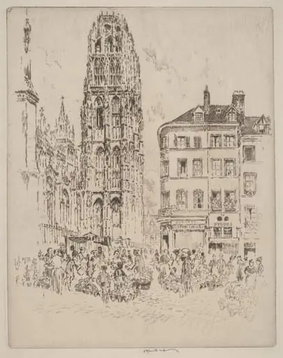 Flower Market and Butter Tower, Rouen, by Joseph Pennell