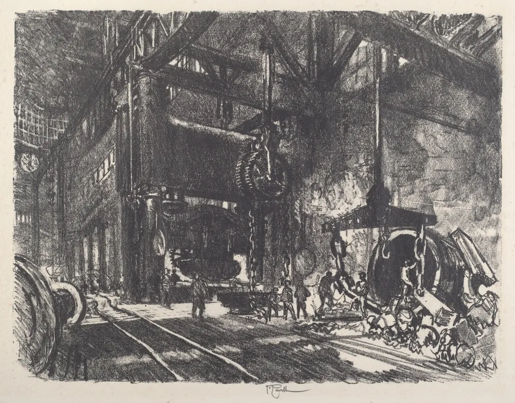 In the Land of Brobdingnag, the Armour Plate Bending Press, by Joseph Pennell, ink, 1917