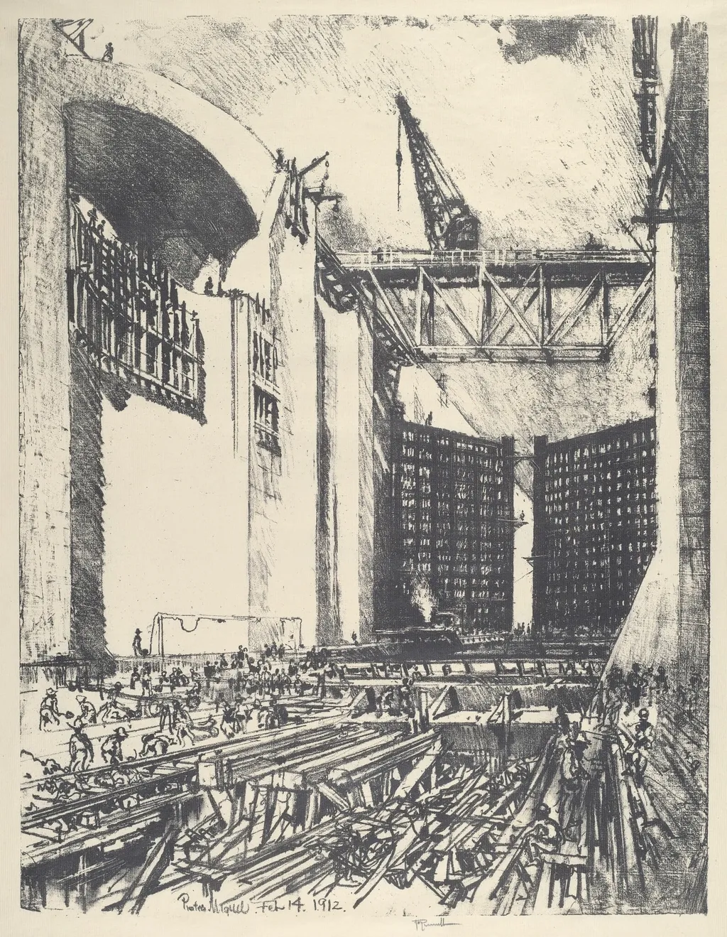 Laying the Floor of Pedro Muguel Lock, by Joseph Pennell, ink, 1912