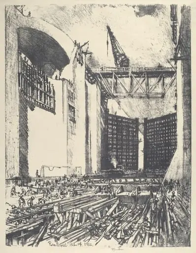 Laying the Floor of Pedro Muguel Lock, by Joseph Pennell