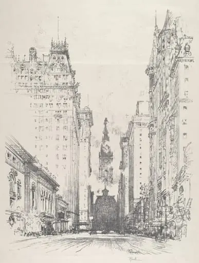 Looking up Broad Street from Spruce Street, by Joseph Pennell