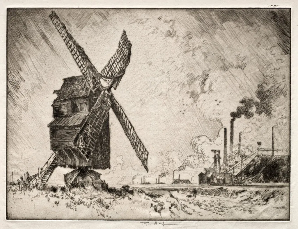 Old and New Mills, Valenciennes, France, by Joseph Pennell, 1910