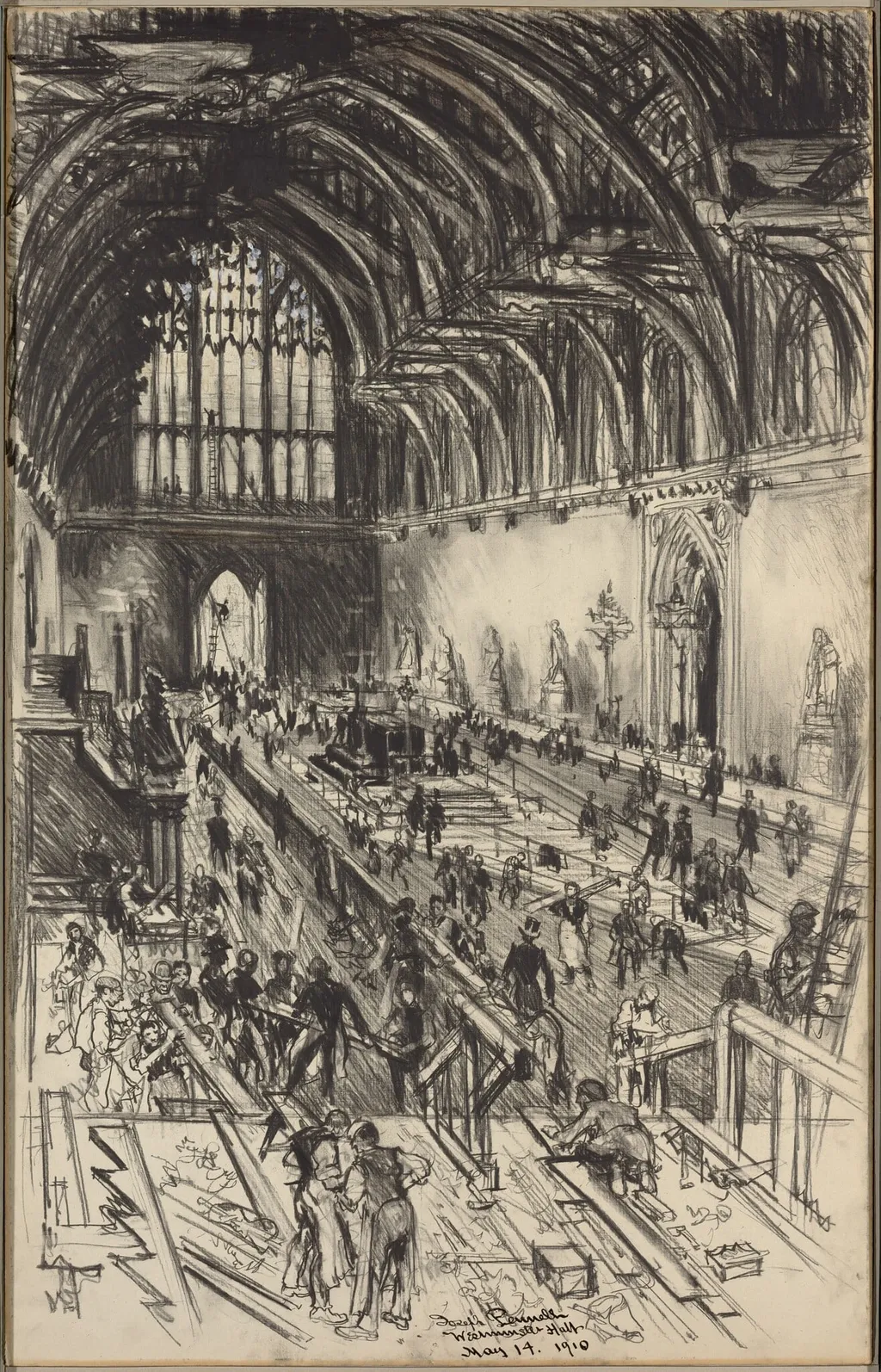 Preparations for the Lying in State of Edward VII, by Joseph Pennell, charcoal, 1910