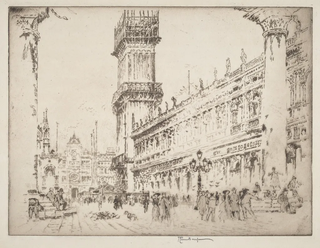 Rebuilding the Campanile, Venice, No.II, by Joseph Pennell, ink, 1911