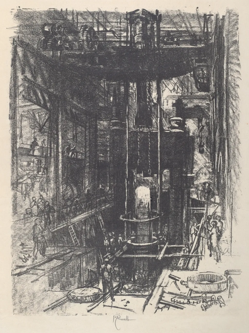 Shaping a Gun from an Ingot, by Joseph Pennell, ink, 1917