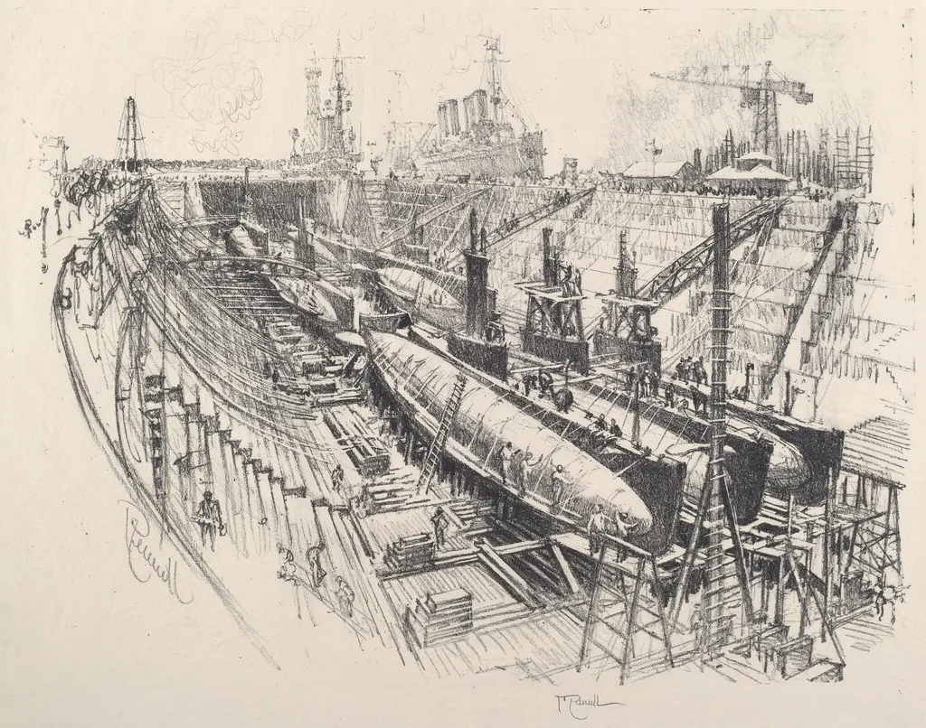 Submarines in Dry Dock, by Joseph Pennell, ink, 1917