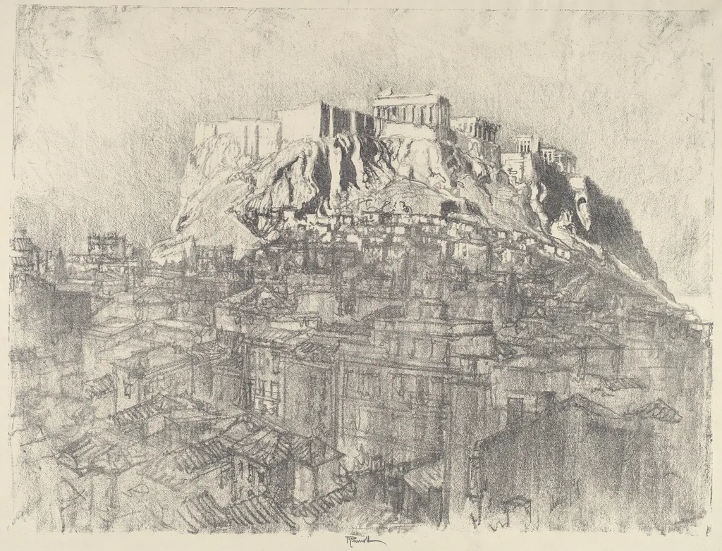 Sunrise over the Acropolis, by Joseph Pennell, ink, 1913