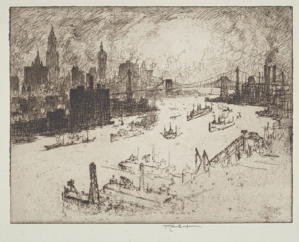 Sunset, from Williamsburg Bridge, by Joseph Pennell, ink, 1915