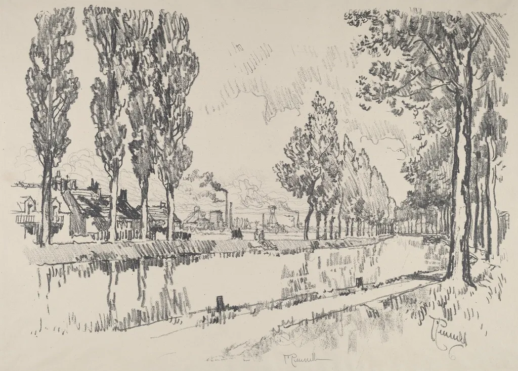 The Canal at Blanzy, France, by Joseph Pennell, ink, 1911