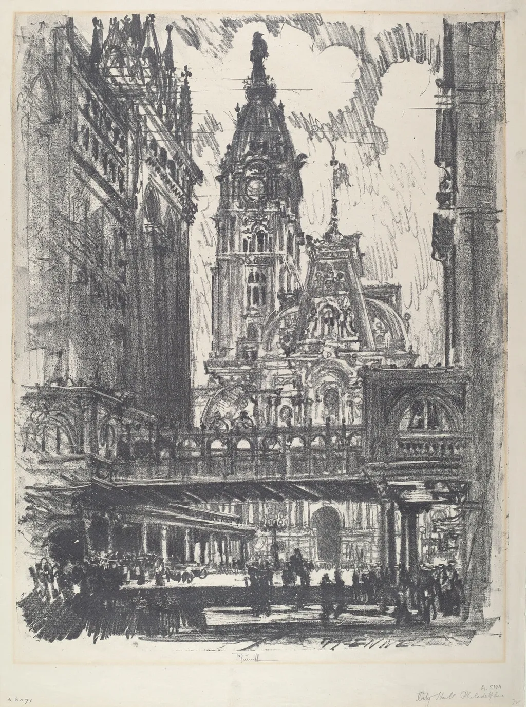 The City Hall and Bridge across Market Street, by Joseph Pennell, ink, 1912