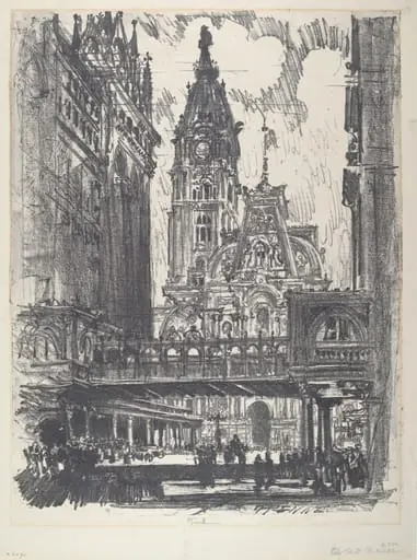 The City Hall and Bridge across Market Street, by Joseph Pennell