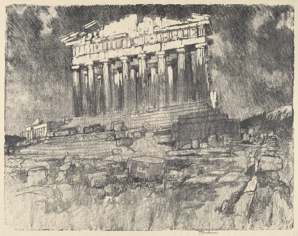 The Facade of the Parthenon, Sunset, by Joseph Pennell, ink, 1913