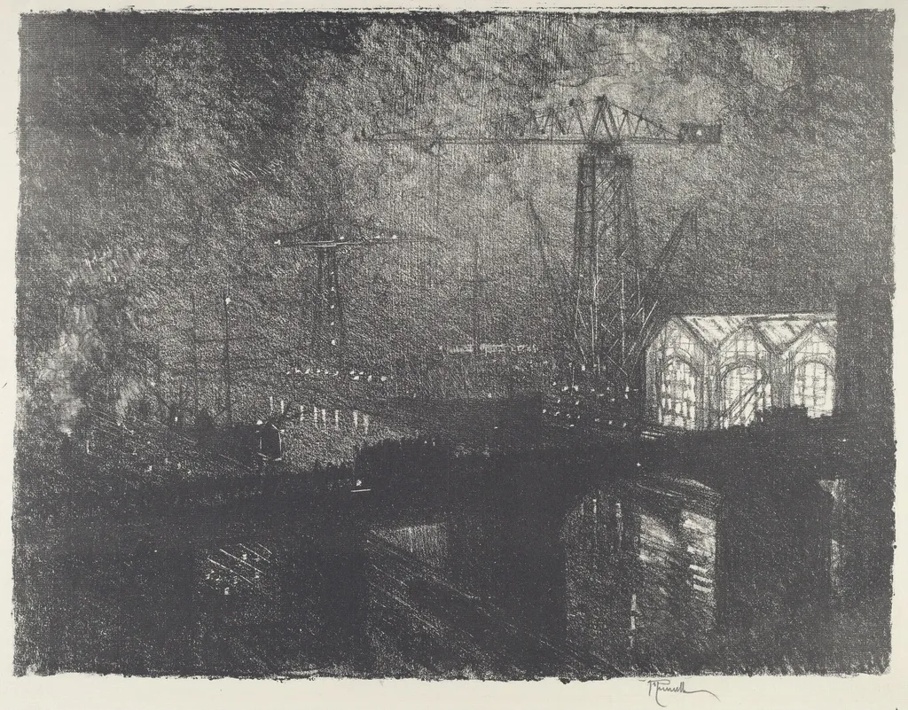 The Shops at Night, Changing Shifts, by Joseph Pennell, ink, 1916