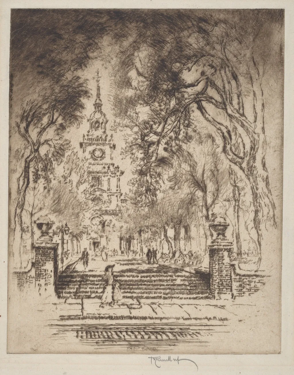 The Square, Independence Square, Philadelphia, by Joseph Pennell, ink, 1920