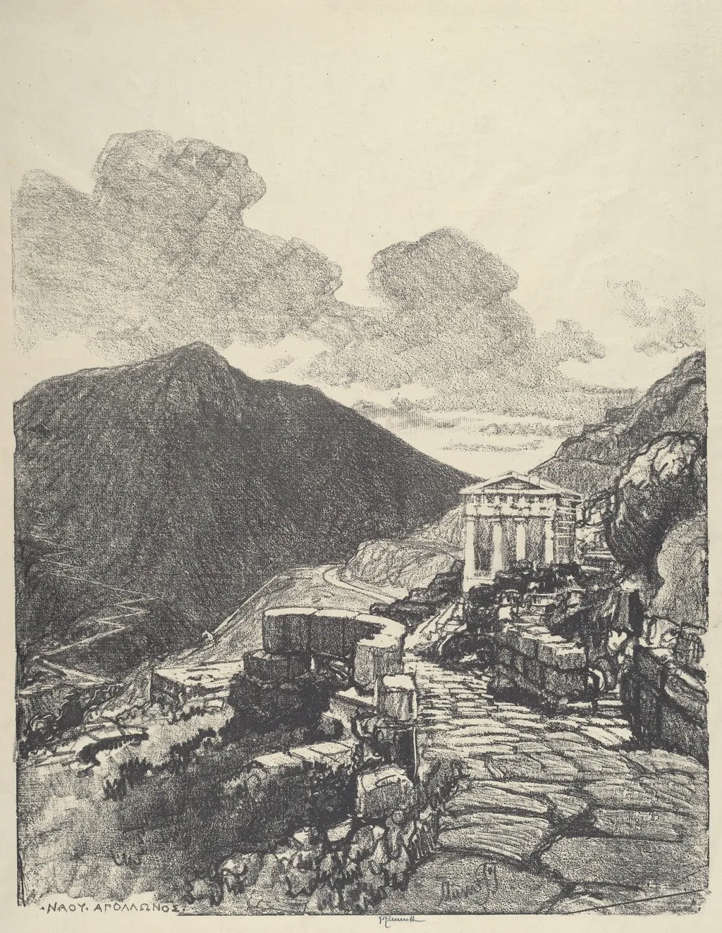 The Treasury of Athens, Delphi, by Joseph Pennell, ink, 1913