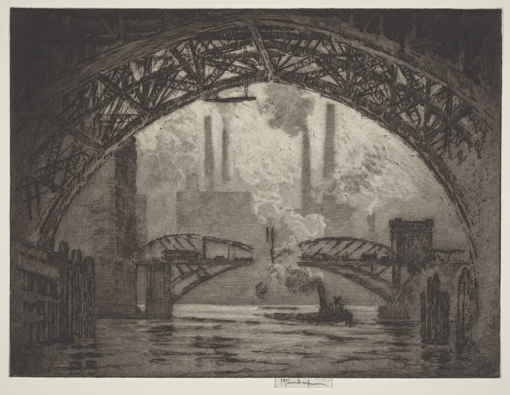 Under the Bridges, Chicago, by Joseph Pennell, ink, 1910