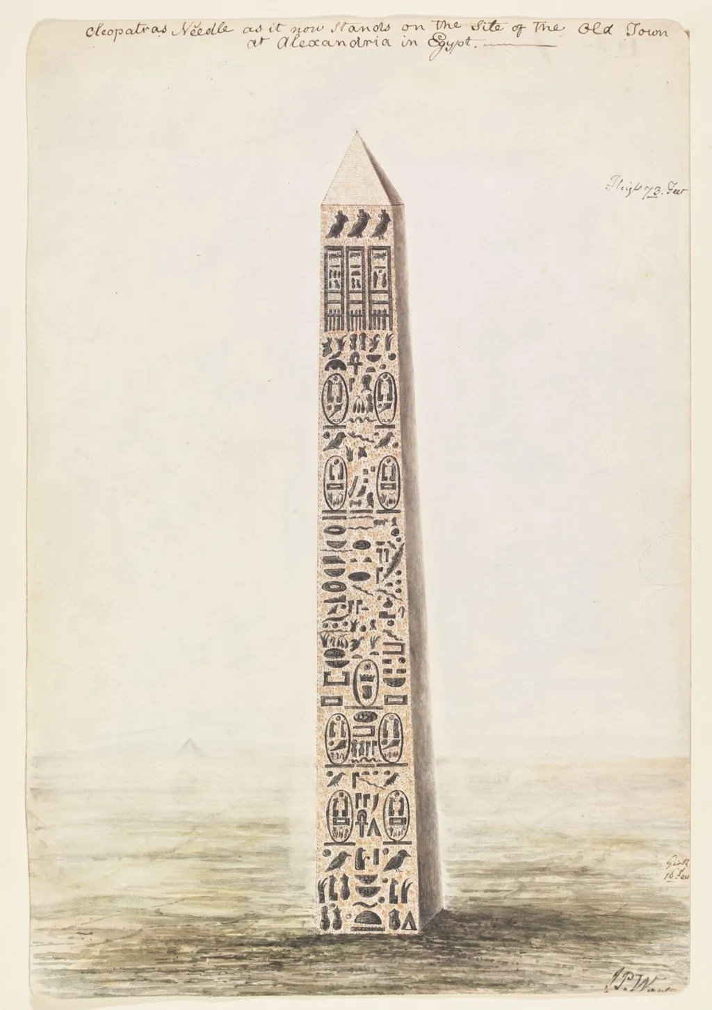 Cleopatras Needle as it now Stands on the Site of the Old Town at Alexandria in Egypt, by Joseph Pitt Warton, watercolor, 1807
