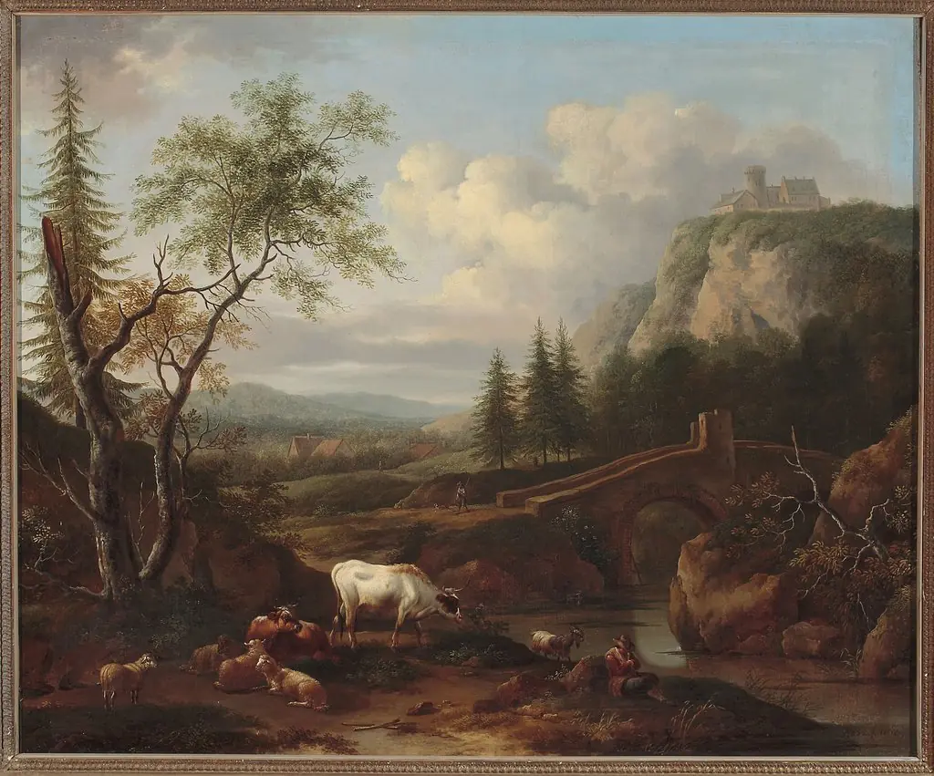 Mountain landscape with a bridge, by Joseph Roos