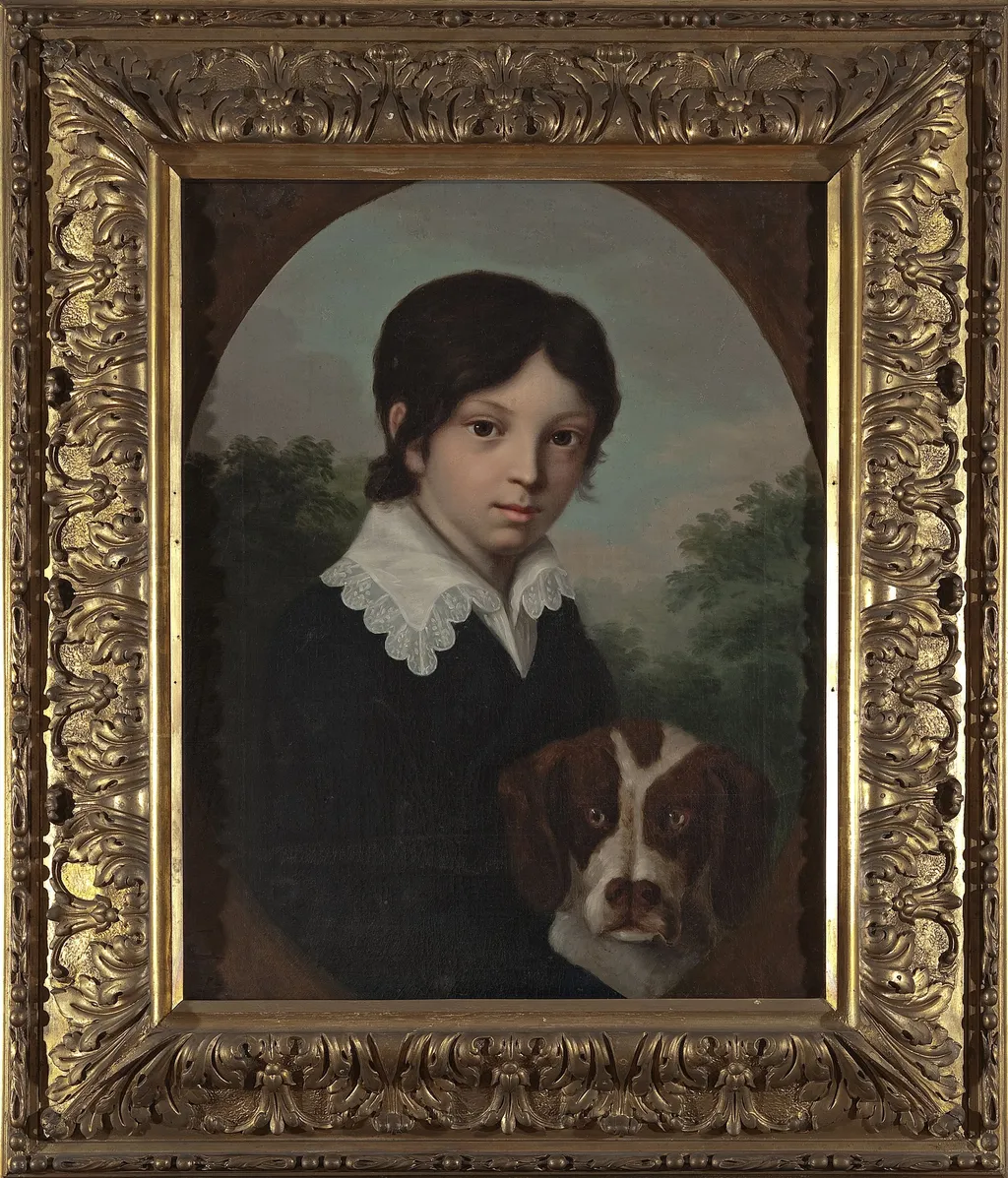 Childhood portrait of Oleś Walicki (1805–1831) with a dog, by Joseph Sonntag, oil, 1812