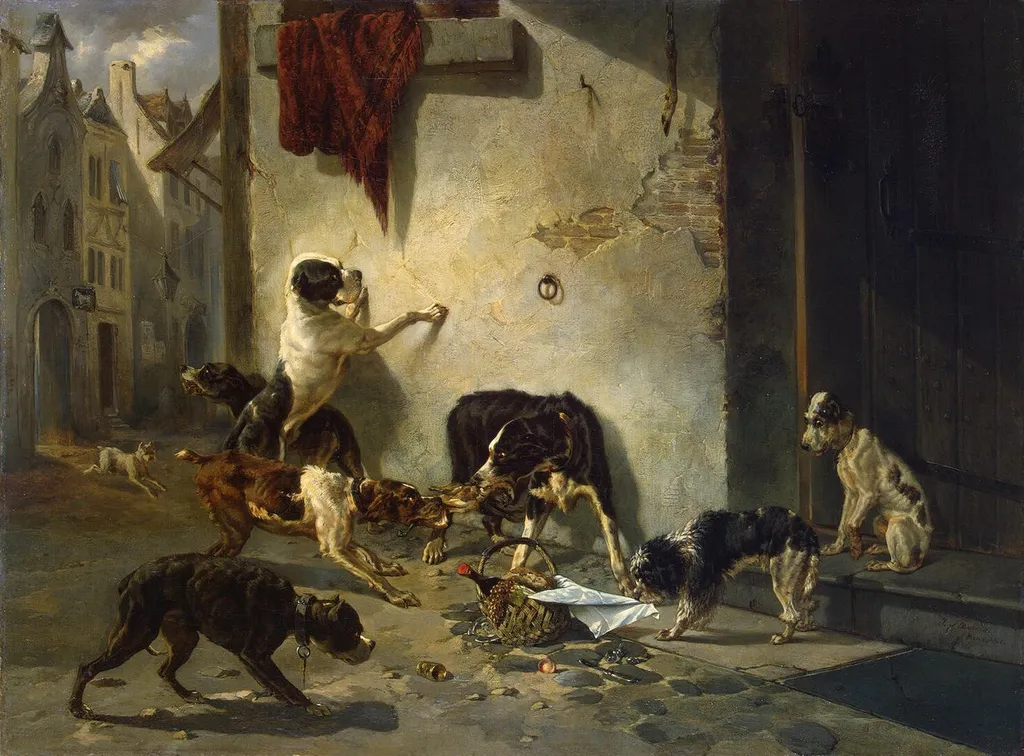 Dog Carrying Dinner to its Master (Fable by La Fontaine), by Joseph Stevens, oil, 1846