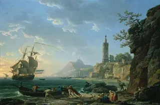 A coastal Mediterranean landscape with a Dutch merchantman in a bay, by Joseph Vernet
