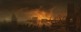 Fire in a marine harbor by night, by Joseph Vernet