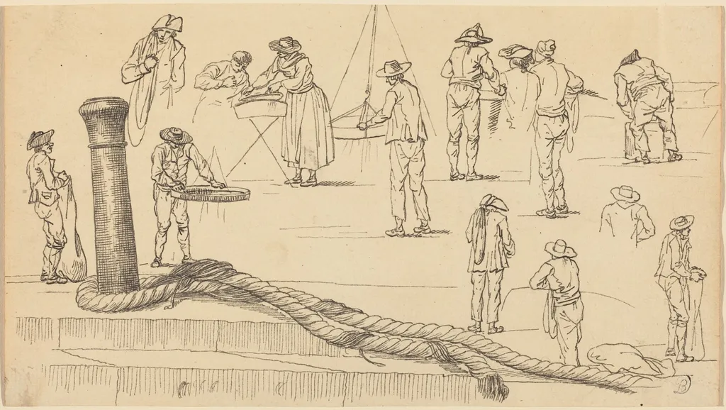 Quayside Figures and a Length of Rope Attached to a Bollard, by Joseph Vernet, ink, 1752
