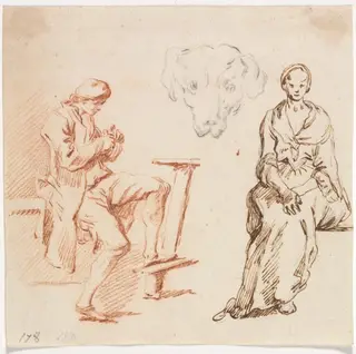 Sheet of Studies: Seated Man, Head of a Dog, Seated Woman