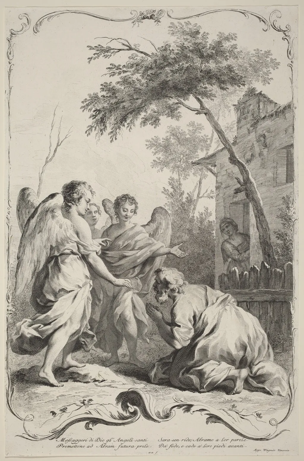 Abraham Kneeling before the Three Angels, by Joseph Wagner, ink, 1745