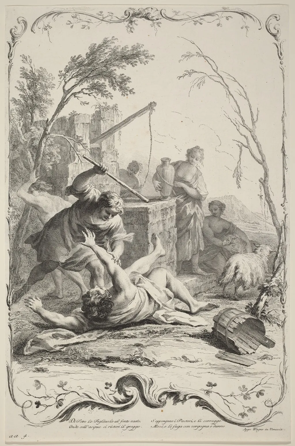 Moses Striking a Shepherd, by Joseph Wagner, ink, 1745