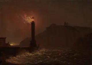 A lighthouse on fire at night, by Joseph Wright of Derby, 1796