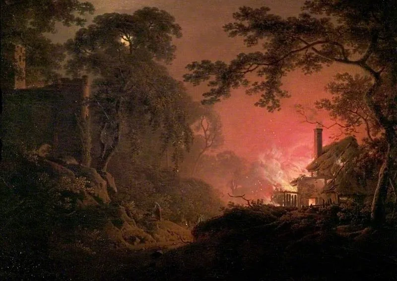 Cottage on Fire, by Joseph Wright of Derby, oil, 1797