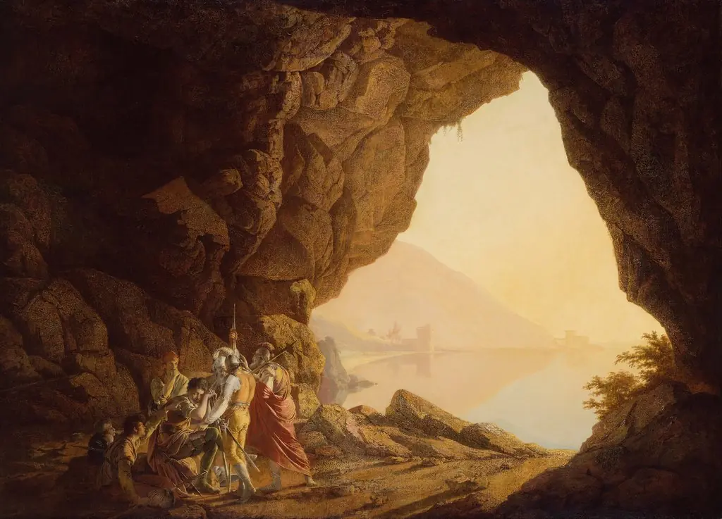 Grotto by the Seaside in the Kingdom of Naples with Banditti, Sunset, by Joseph Wright of Derby