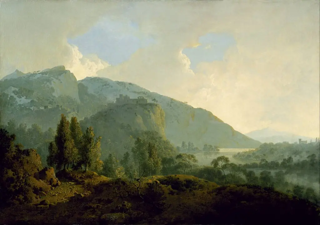 Italian Landscape with Mountains and a River, by Joseph Wright of Derby
