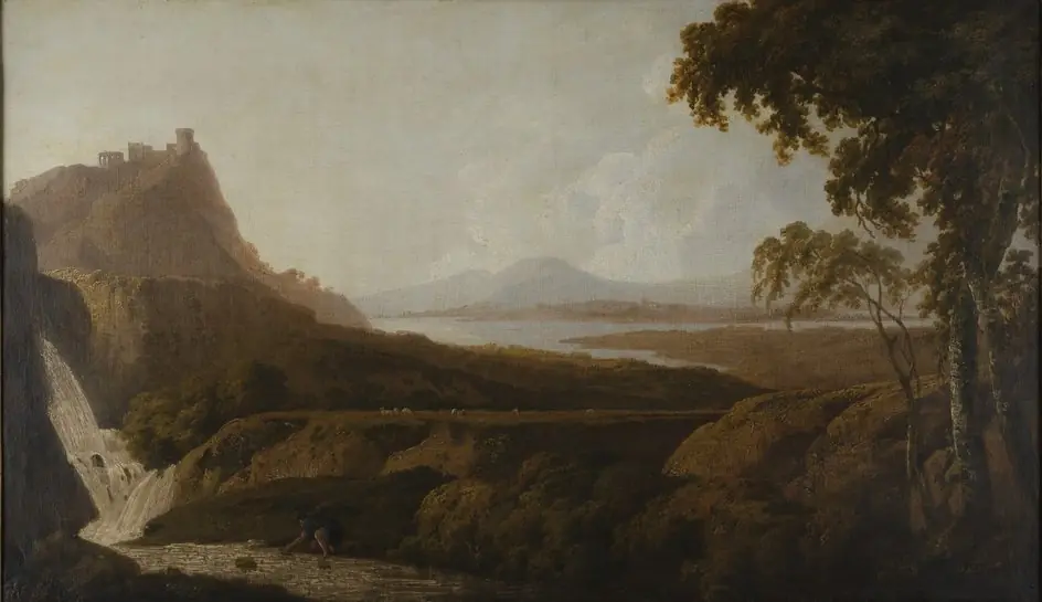 Italianate Lake Scene with Waterfall, by Joseph Wright of Derby