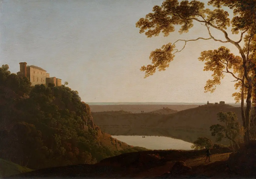 Lake Nemi, sunset, by Joseph Wright of Derby