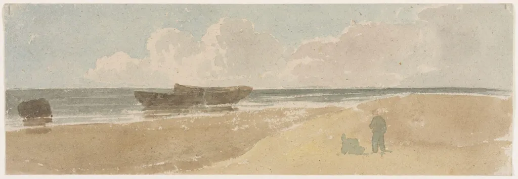 Shore scene with boats and two figures, by Joshua Cristall, 1767