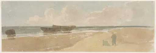 Shore scene with boats and two figures, by Joshua Cristall