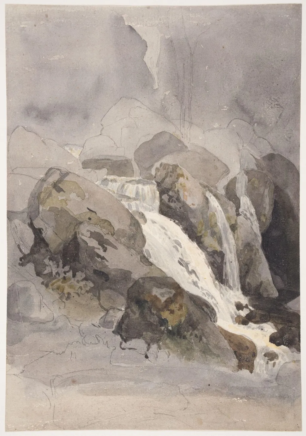Waterfall in Borrowdale, Cumberland, 1805., by Joshua Cristall, watercolor, 1805