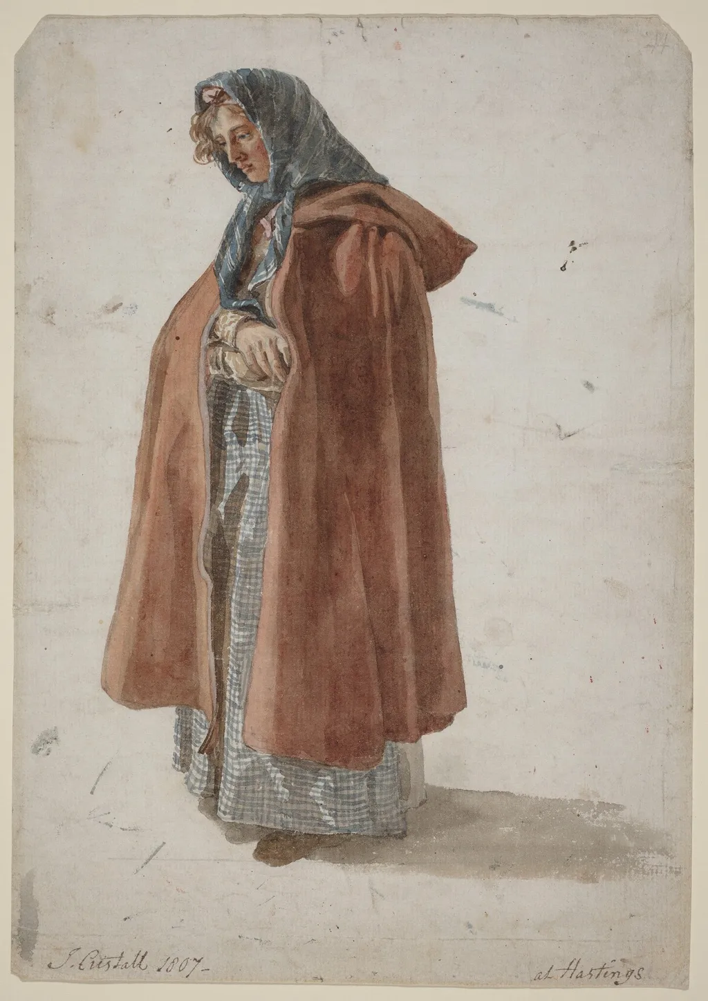Young Woman in a Kerchief and Cloak at Hastings, by Joshua Cristall, watercolor, 1807