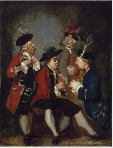 Caricature of Sir Thomas Kennedy, James Caulfield, Viscount Charlemont, the Hon. John Ward and Richard Phelps, by Joshua Reynolds, oil, 1751