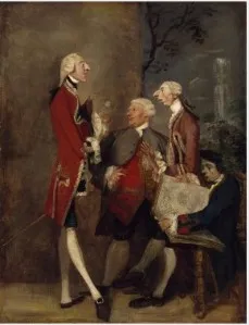 Caricature of Thomas Brudenell, Baron Bruce, the Hon. John Ward, Joseph Leeson, later 2nd Earl of Milltown, and Joseph Henry of Shafford, by Joshua Reynolds, oil, 1751